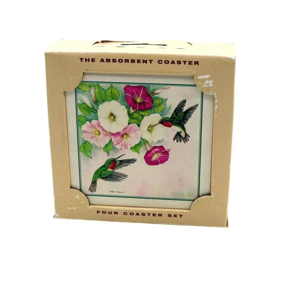 Vintage AbsorbaStone Hummingbird Coasters Set of 4 Wilma S Vincent Cork Back USA